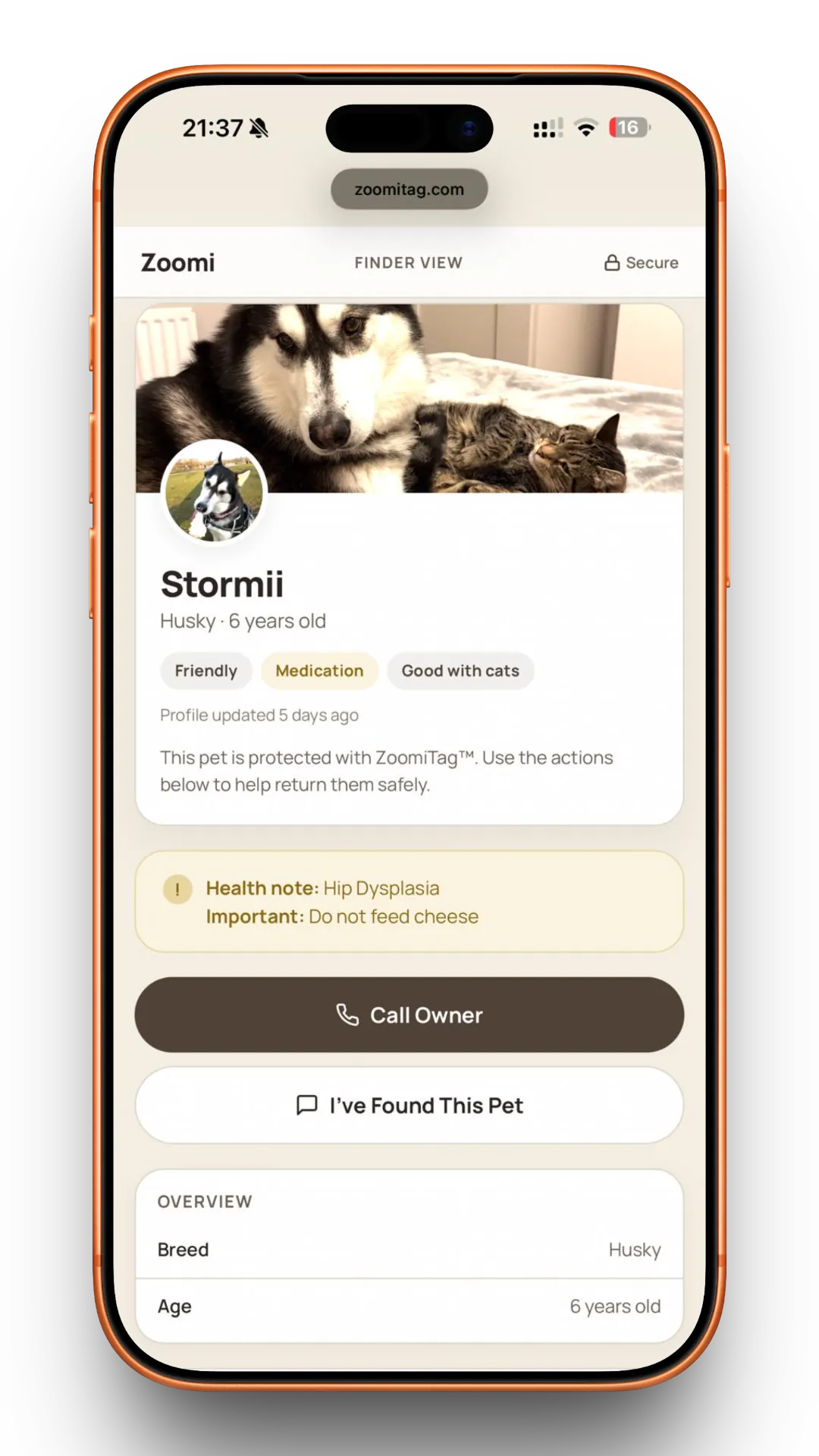 ZoomiTag digital pet profile on phone
