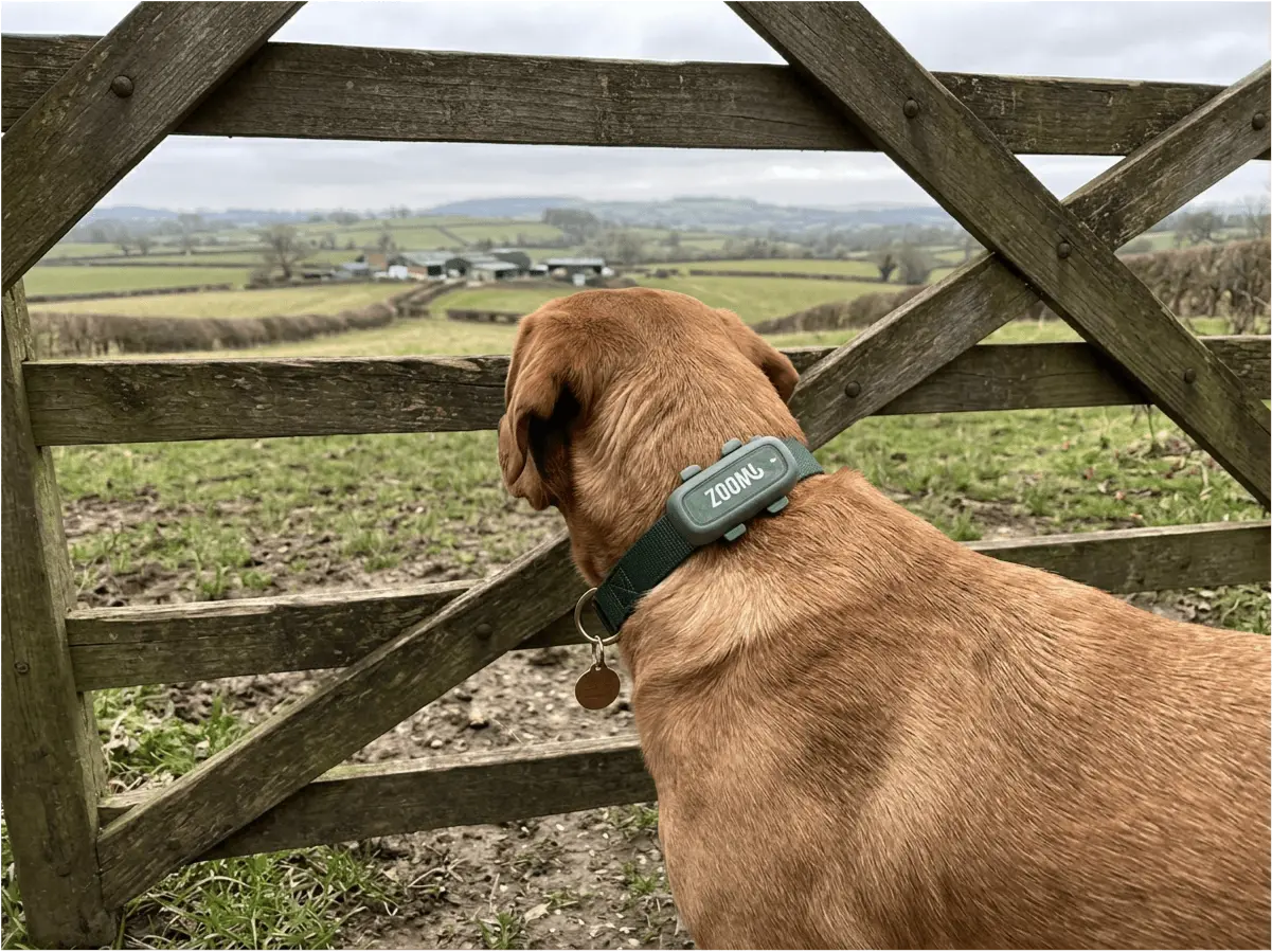 Dog looking through countryside gate wearing Zoomi tag