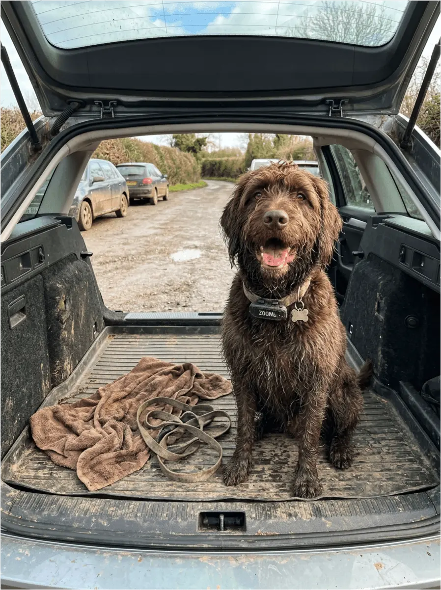 Dog sitting in car boot wearing Zoomi tag