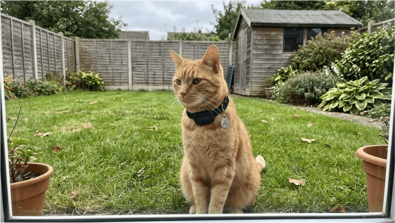 Ginger cat in garden wearing Zoomi tag