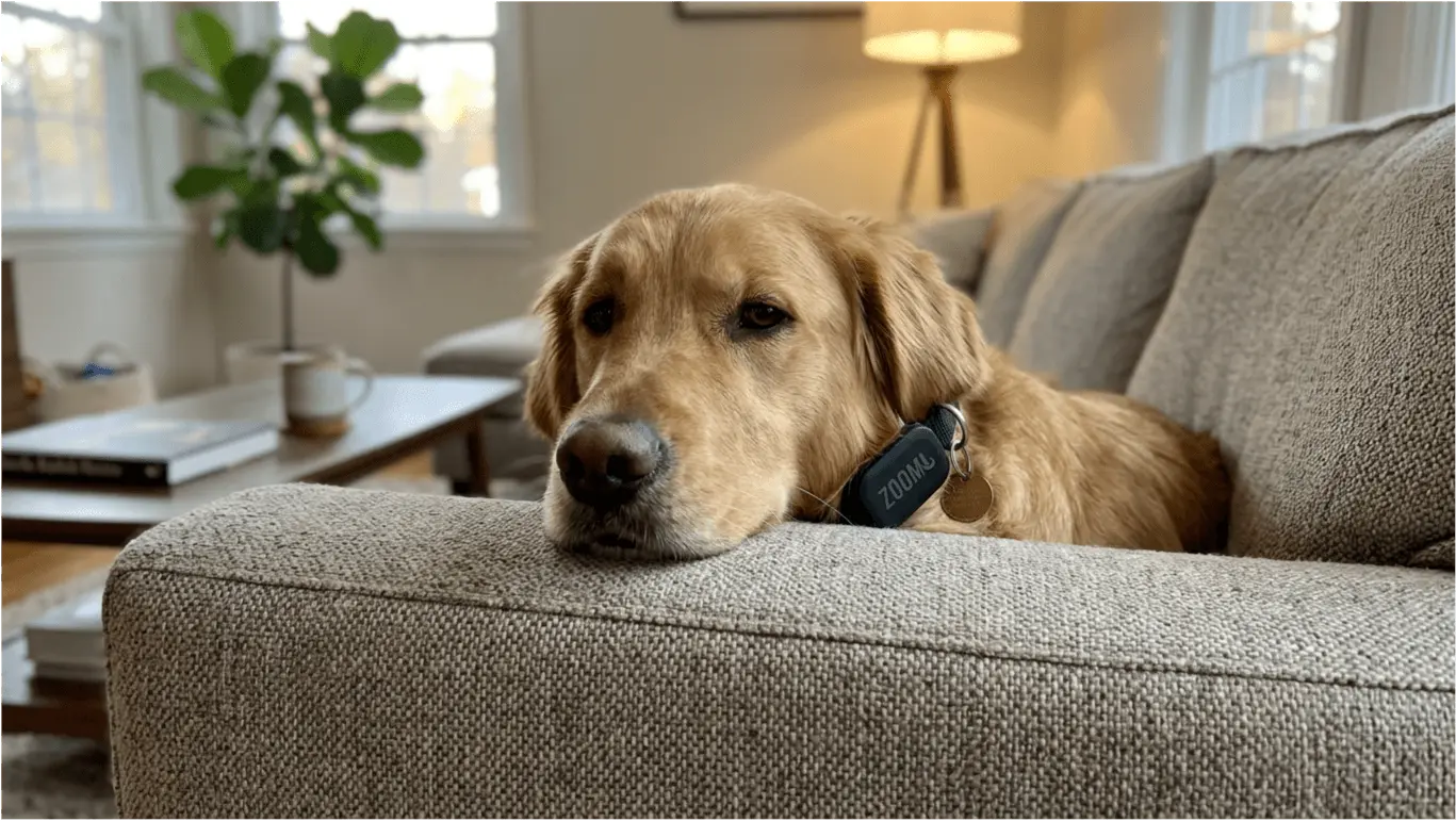 Golden retriever resting on sofa wearing Zoomi tag